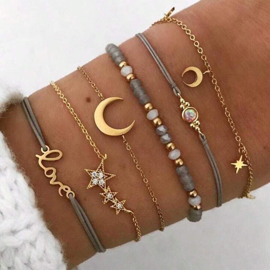 6 件套波西米亚星月拼布手链套装配灰色珠子珠宝套件 - 金 - 查看 1