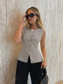 Vintage Chic Fashionable Elegant Metal Button Open Front Solid Color Sleeveless Round Crew Neck Business Jacket Work Waistcoat Slim Modest Minimalana Casual Top Tank Knit Vest Sweater For Women