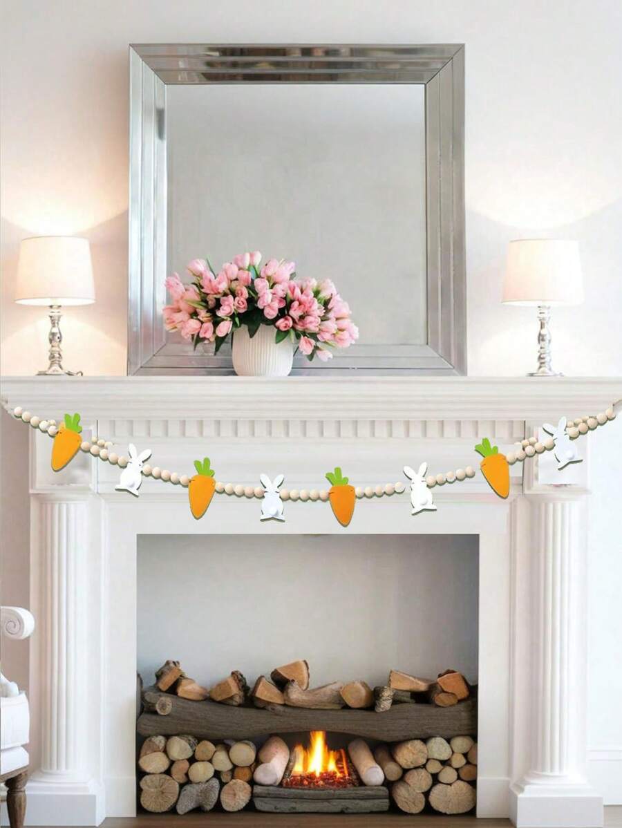 1pc Easter Bunny & Carrot Wreath, Wooden Beads Rabbit Hanging Banners Ornaments - Charming Wooden Bead Rabbit Hanging Decor For Front Door, Perfect Spring Home Accent - Multicolor - View 1