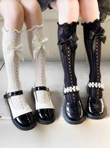 1pc Knee-High Socks With Bow & Ruffle Trim, For 6-18Y Girls, Children Socks