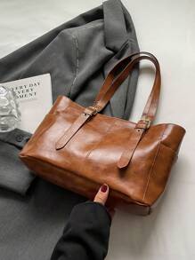 Minimalist Fashion Large Capacity Underarm Tote Bag, For Commuting - Brown - View 5