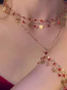 2pcs Red Dreaming Butterfly Pendant Necklace For Women, Double Layer Clavicle Chain, Luxurious Elegant Design - Red Butterfly - View 3