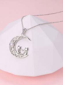 1pc Cute Kitty, Heart & Moon Pendant Necklace With Synthetic Crystal, Minimalist Design For Women
