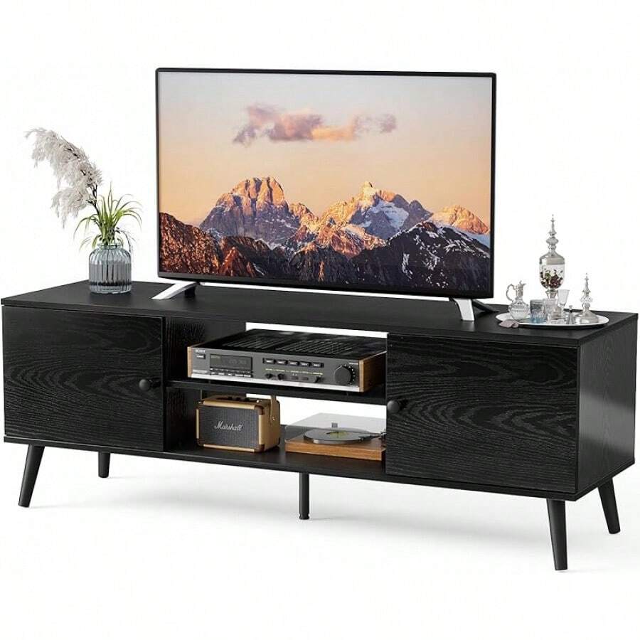 DUMOS TV Stand For 55 60 Inch TV, Entertainment Center With Storage Cabinet, Mid Century Modern Media Console Table, Adjustable Hinge, Wooden Television Furniture For Living Room, Office - Black - Màu be - Xem 1