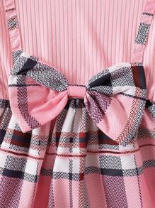 Baby Girl Sweet Bowknot Plaid Printed Suspender Style Cap Sleeve Dress, Spring/Summer