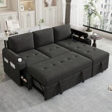 MERAX 83.5" L-Shaped Sofa Couch Convertible Sofa Bed Sectional Sofa With Ample Storage Space, Two Cup Holders And Two USB Ports For Living Room - Black - View 2