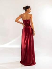 LONG PARTY DRESS WEDDING LAUNCH GODMOTHER FASHIONISTA STRAPLES WITH SLIT - Redwood - View 2