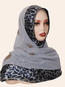 1pc Women Hijab Fashion Sequin Patchwork Leopard Print Scarf, Decorated With -Style Rhinestones, High-End Long Shawl, Suitable For Abaya