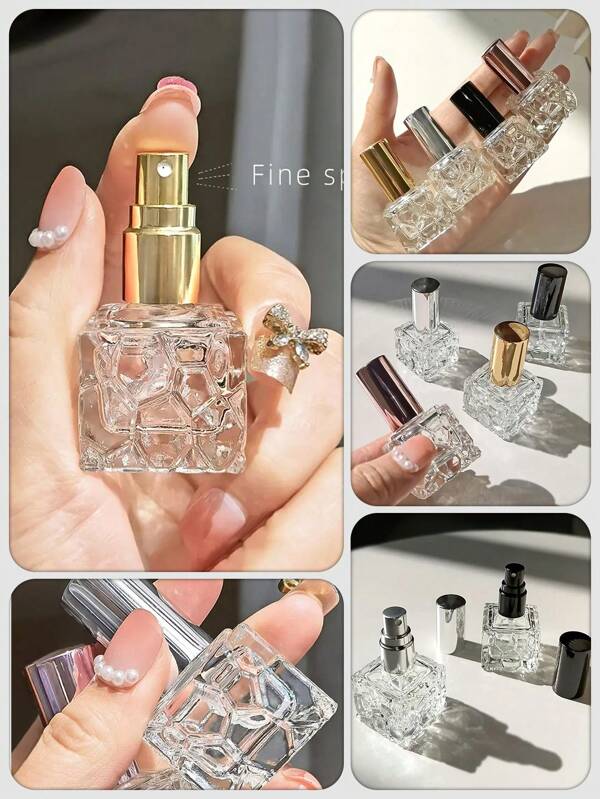 1/4 piezas Botella de spray de perfume de 10ml color oro rosa con tapa de rosca, botella de muestra de perfume en forma de cubo de agua, dispensador de perfume portátil y recargable con rociador de niebla fina, decoración para el hogar y el baño, decoración de otoño, de vuelta a la escuela