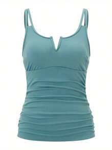 Women 2 Pieces Tankini Swimsuits Solid Color Padded Sleeveless Tank Tops And Floral Print Shorts Bottoms Beach Bikini Set - Blue - View 1