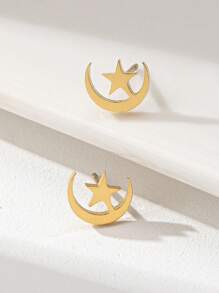 1 对 18K 镀金不锈钢月亮星耳环防水月亮耳环中东斋月耳环女士珠宝 - 金色 - 查看 2