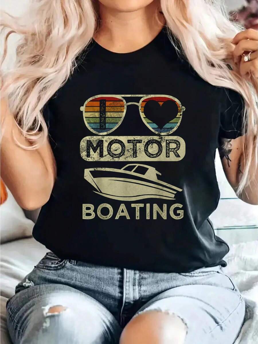 Camiseta estampada con cita graciosa "Me encanta la motorización" para capitana, de cuello redondo y manga corta, para mujer, uso casual de verano. Camiseta gráfica para mujeres. - Negro - Ver 1