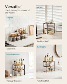 SONGMICS Spice Rack, Set Of 2 Cupboard Shelf Organiser, Expandable Kitchen Shelf Organiser, Stackable Spice Holder, Metal And Engineered Wood, Black And Rustic Brown - Rust Brown - View 4