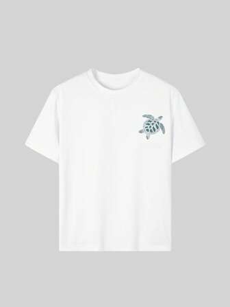 少女乌龟和字母印花圆领短袖 T 恤，休闲夏季上衣