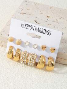 12 件简约女士金属耳环套装，带水钻、纹理和心形耳钉，时尚百搭，适合日常生活或约会、节日礼物珠宝 - 金色 - 查看 4