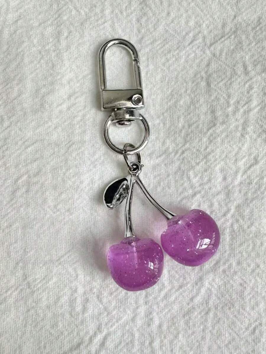 1pc Unisex New Sparkling Simulate Cherry Shaped Keychain Fashionable Delicate 3D Cherry Bag Pendant Bridesmaid Gifts - Purple - View 1