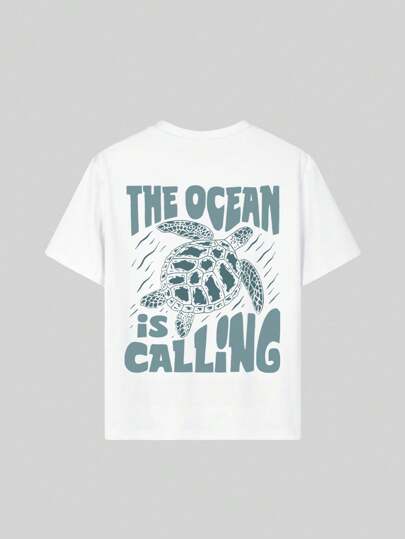 Camiseta de manga corta de cuello redondo con estampado de tortuga y alfabeto para adolescentes, top casual de verano