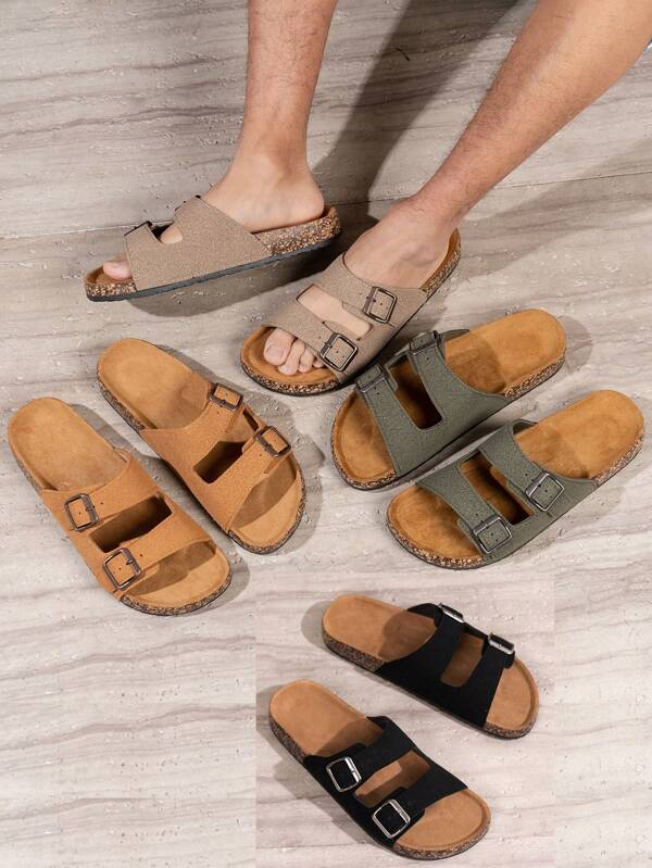 Men's Summer & Autumn Simple Casual Suede Uppers Soft Cork Design Double Bar Strap Slip-On Flat Beach Sandals
