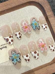 10pcs Ins Style Colorful Floral & Leopard Print Press-On Nails, Exquisite 3D Flower Design, Cute & Chic, Suitable For Resort, Handmade, Welcome Custom Order, Lovely & Elegant Artificial Nails (Packaging Card Random)