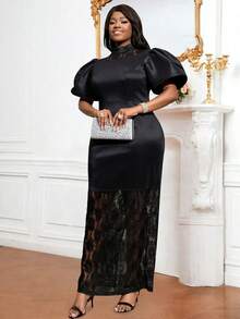 Plus Size Elegant Contrast Color Lace Patchwork Turtleneck Lantern Sleeve Dress Cocktail Semi Formal Prom Wedding Guest Dress, For Birthday, Graduation, Dinner, Homecoming - Black - View 8