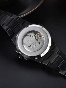 LONGLUX 1pc Men's Automatic Mechanical Watch With Calendar Display, Black Classic Steel Band