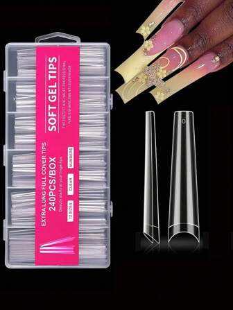 Extra Long Coffin Nail Tips No C Curve 240Pcs XXXL Coffin Nails Clear Acrylic Nails Tips, Half Cover Long Coffin Press On Nails, Flat Acrylic Nail Tips False Nails For Nail Salon Home DIY Ideal Gifts, 12 Sizes