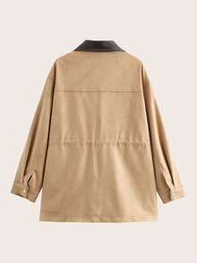 Women's Long Sleeve Zip-Front Spring Autumn Jacket, Lapel Colorblock Faux Suede Sherpa