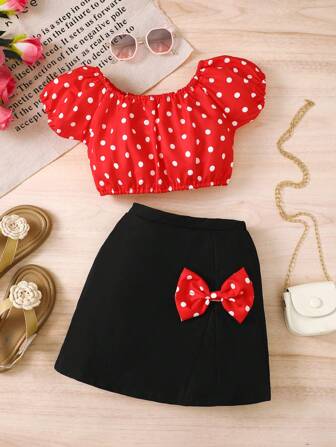 Girls' Summer Outfit Dotted Digital Print Off-Shoulder Lantern Sleeve Top + Black Bow Shorts, Suitable For Girls Aged 4-7 For Daily And Outdoor Wear