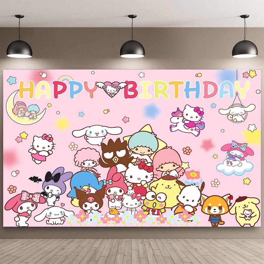 Sanrio 1PC Cute Cartoon Pink Sanrio Character Series Theme Birthday Party Decoration Background (210 * 150/150 * 100/100 * 75CM) Hello Kitty Kuromi Yuguigou Photography Background Party Cake Table Supplies Decoration Background Cloth Banner Perfect Decoration Birthday Party Room Wall Background Cloth Photo Pavilion Studio Props