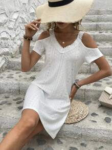 Women's Sexy V-Neck Dresses,Summer Lace Off Shoulder Slim Short Sleeve Dress - Blanco - Ver 5
