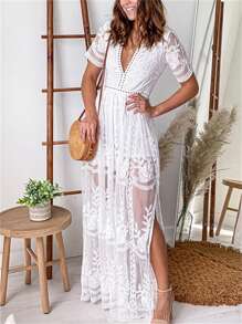 MERMAID'S CLOSET Women's Casual V-Neck Sexy Elegant Lace Long Dress, Bohemian Bridesmaid Wedding Evening Gowns, Full Floral Lace Embroidery, High Waist, Hollow Out, Suitable For Dating, Traveling Photo Shoots, Simple And Generous - trắng - Xem 3