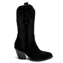 镂空西部粗跟尖头靴 - 黑色 - 查看 3