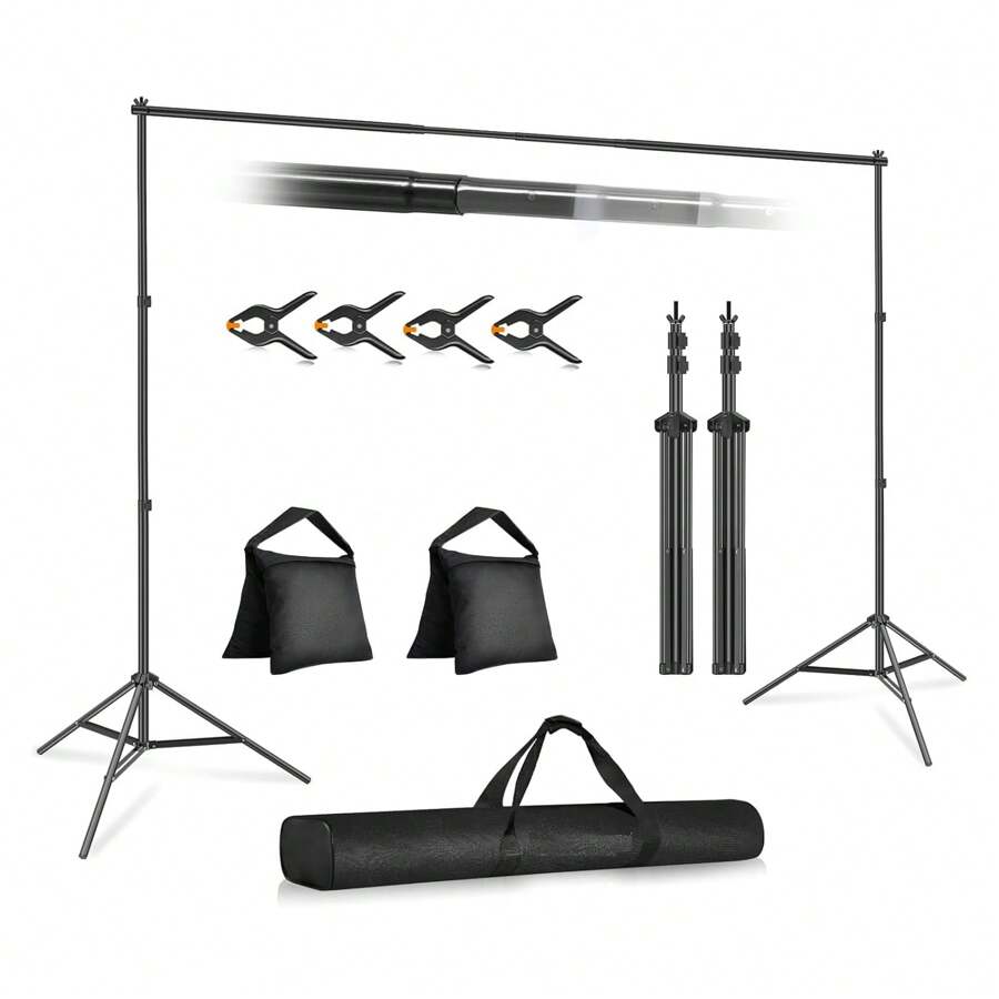Adjustable Black Photography Background Stand Set Without Background Cloth For Photo Studio Shooting Prop, Wedding Backdrop Stand 10x7ft(WxH) Photo Studio Adjustable Metal Background Stand ,Balloon Arch Support Kit With 4 Crossbars, 4 Backdrop Clamps, Parties Wedding Events Decoration - 黑色配沙包 - 查看 1