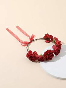 1pc Floral Print Polyester Boho Flower Headband, Versatile All Season Artificial Flower Crown Tiara - Red - View 1