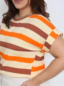 Plus Size Striped Blouse Short Sleeve Folded Japanese Viscolycra G1 - Orange - View 4