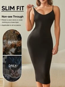 1pc Women Black Spaghetti Strap Tummy-Control Lift Up Bodycon Dress, Suitable For Underlayer Or Outerwear - 黑色 - 查看 3