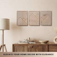 3 pièces Œuvre murale en bois rustique - Grandes sculptures géométriques de montagnes et de soleil, ensemble de 3, décoration d'intérieur bohème pour salon, chambre à coucher, bureau avec installation facile