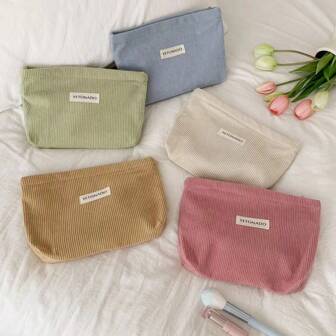 1Pc Solid Color Corduroy Bag, Large Capacity Makeup Bag, Hand-Held Bag, Storage Canvas Bag, Storage Bag, Portable Toiletry Bag