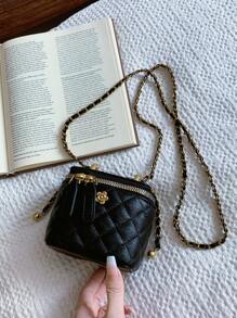 Mini Luxurious Women's Square Handbag, Embroidered Rhombus Textured Box Bag, Flap Design Ladies' Shoulder Bag, Adjustable Chain Crossbody Bag, Suitable For Dating, Afternoon Tea, Vacation, Casual, Shopping, Coin Purse, New Ladies' Purse