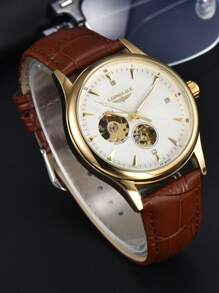 LONGLUX 1pc Men's Hollow Automatic Mechanical Watch, Fashionable Casual Leather Strap Watch, Gift - Coffee Brown - View 2