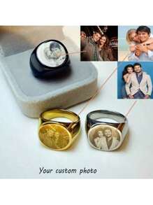 [Daily Comfort] Customized Engraved Photo Ring - Stainless Steel Memorial Jewelry For Men, Available In Black And Gold, Ideal For Birthday, Graduation, Christmas Gift, Spouse, Family, Friends