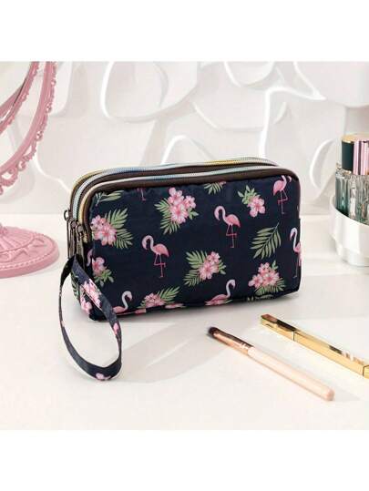 Billetera larga con estampado tropical y de flamencos, con 3 cremalleras, elegante bolso organizador de accesorios de maquillaje, práctico para viajes, para chicas y mujeres, regalo para mujeres, billetera, bolsa con estampado de flores
