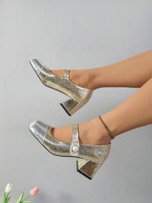 1 Pair Elegant Open Toe Chunky Heel Square Toe Mule Shoes, Casual Comfortable Slip-On High Heel Pumps For Women