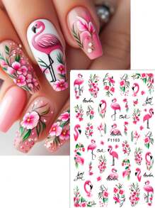 2 件装粉色火烈鸟龟背花指甲贴纸竹子绿叶动物春夏美甲贴花自粘指甲饰品装饰