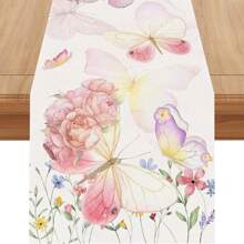 1pc Linen Watercolor Flowers Butterfly Spring Table Runner Spring Summer Easter Flower Floral Home Kitchen Dining Room Table Decorations - Multicolor - View 9