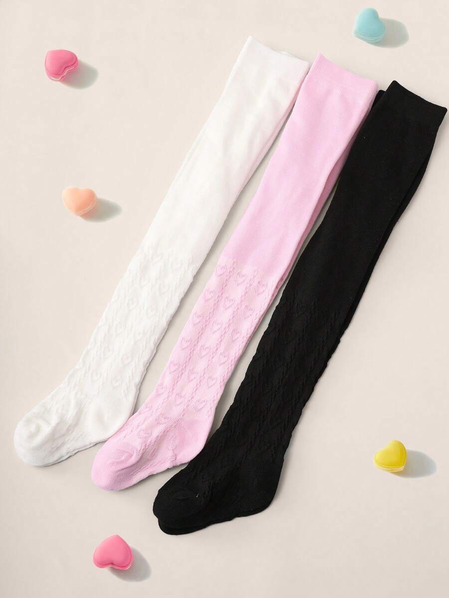 3 Pairs Girls Solid Color Heart Patterned Mesh Leggings, Suitable For Everyday Wear - Multicolor - View 1