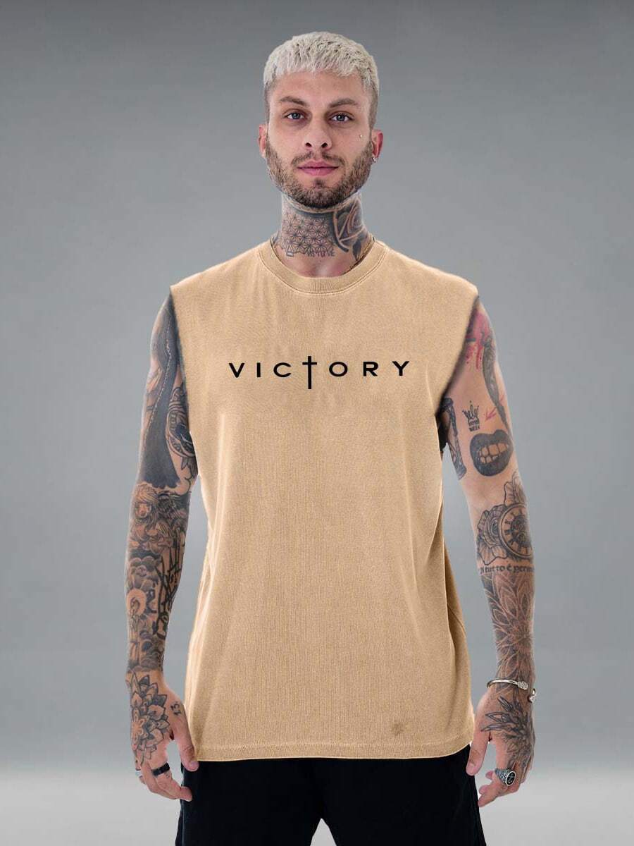 Oversized T-Shirt Victory Tank Top Over Streetwear Shirt Men Unisex Shirt Gym Workout Loose Summer Cotton Printed T-Shirt - 卡其色 - 查看 1