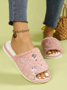 Butterfly Open-Toe Slippers For Women, Fluffy Warm Slip-On Slippers For Indoor/Home Use, Comfortable & Breathable All-Season Slides
