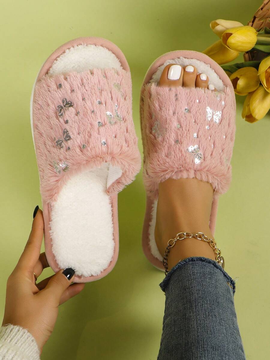 Butterfly Open-Toe Slippers For Women, Fluffy Warm Slip-On Slippers For Indoor/Home Use, Comfortable & Breathable All-Season Slides