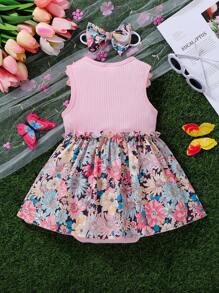 Nouveau body d'été bébé fille avec fleurs, manches calamistrées, broderie, nœud, patchwork en maille, mignon